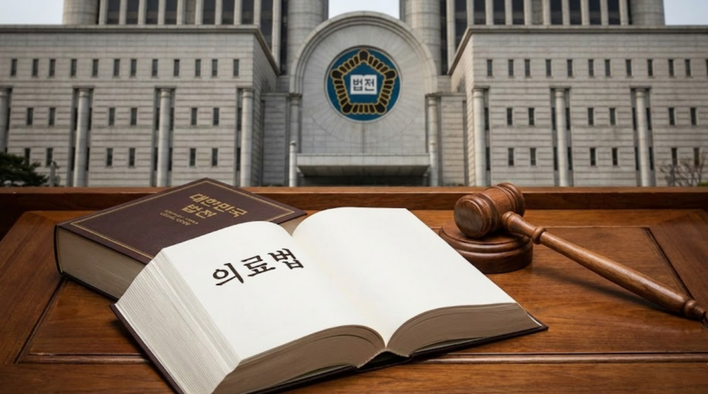 권위 있는 법원과 '의료법' 법전, 판사봉을 통해 의료 문제의 법적 중요성과 엄중함을 시각적으로 강조