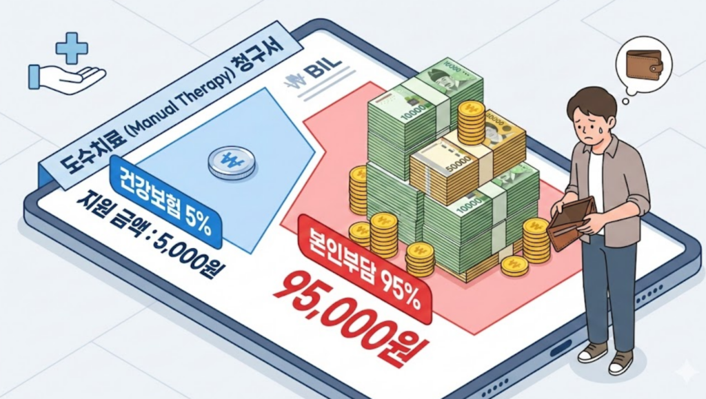 도수치료 청구서에 본인부담률이 높에 작성된 그림.